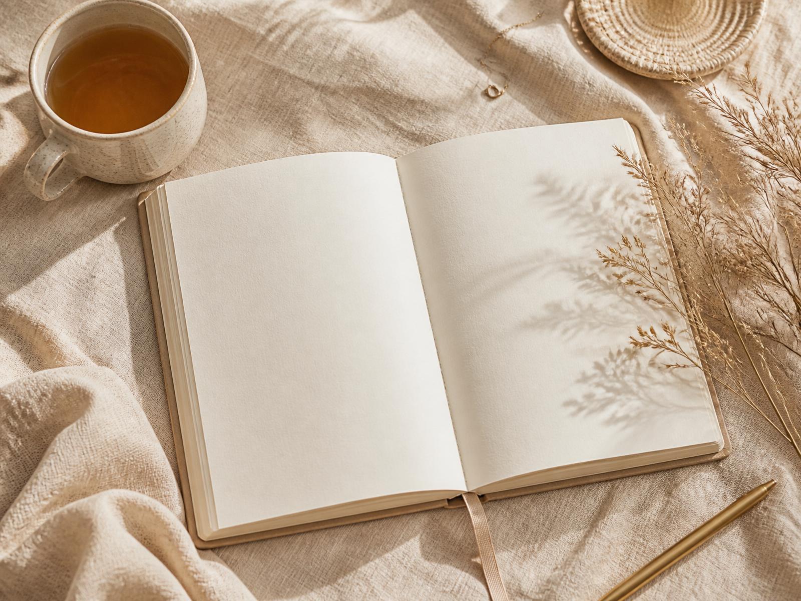 An open goal setting workbook on warm linen, beside a ceramic cup of tea