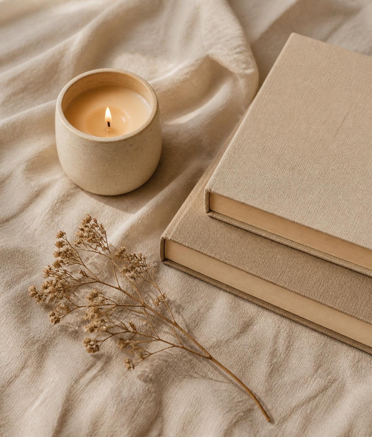 A lit candle, stack of neutral books and a dried plant on warm linen